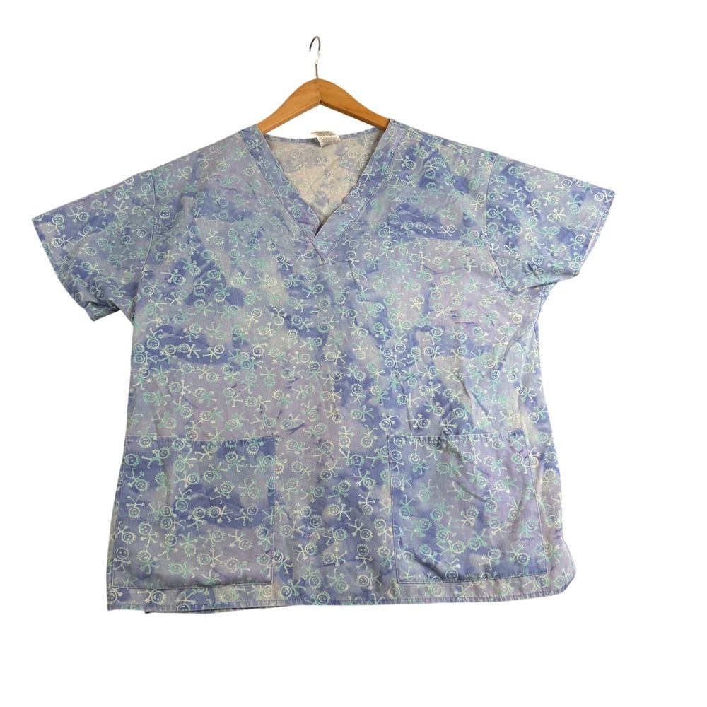 Crest 109 Stick Figure Print Scrub Top Blue Purple V-Neck Pediatric Large